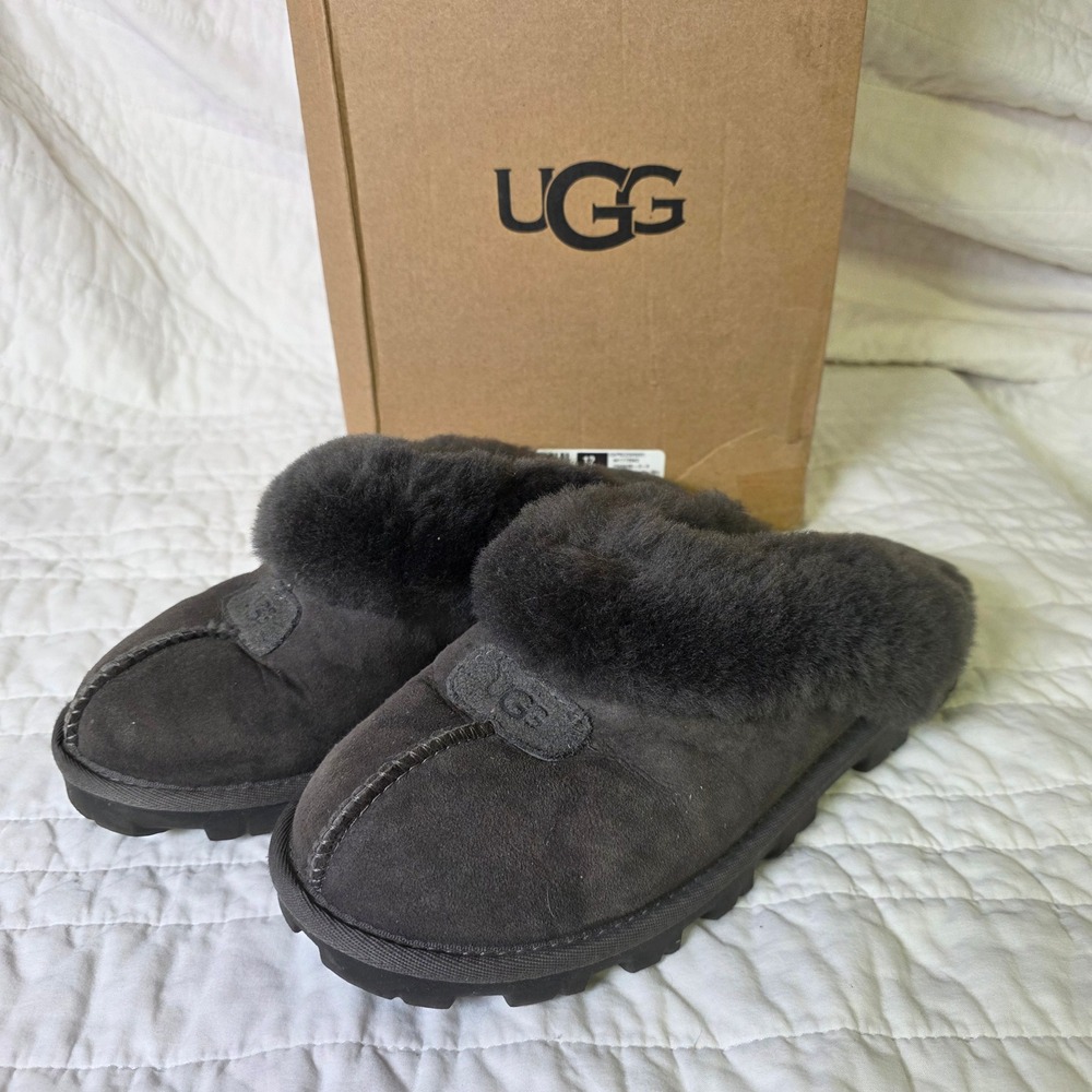 UGG Coquette Suede Shearling Slippers Mules Grey Womens 7 Excellent
